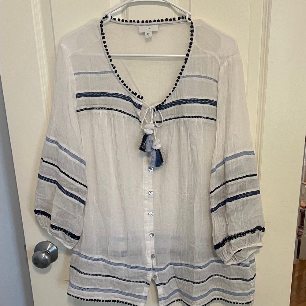 J. Jill White and Blue Tassel Blouse